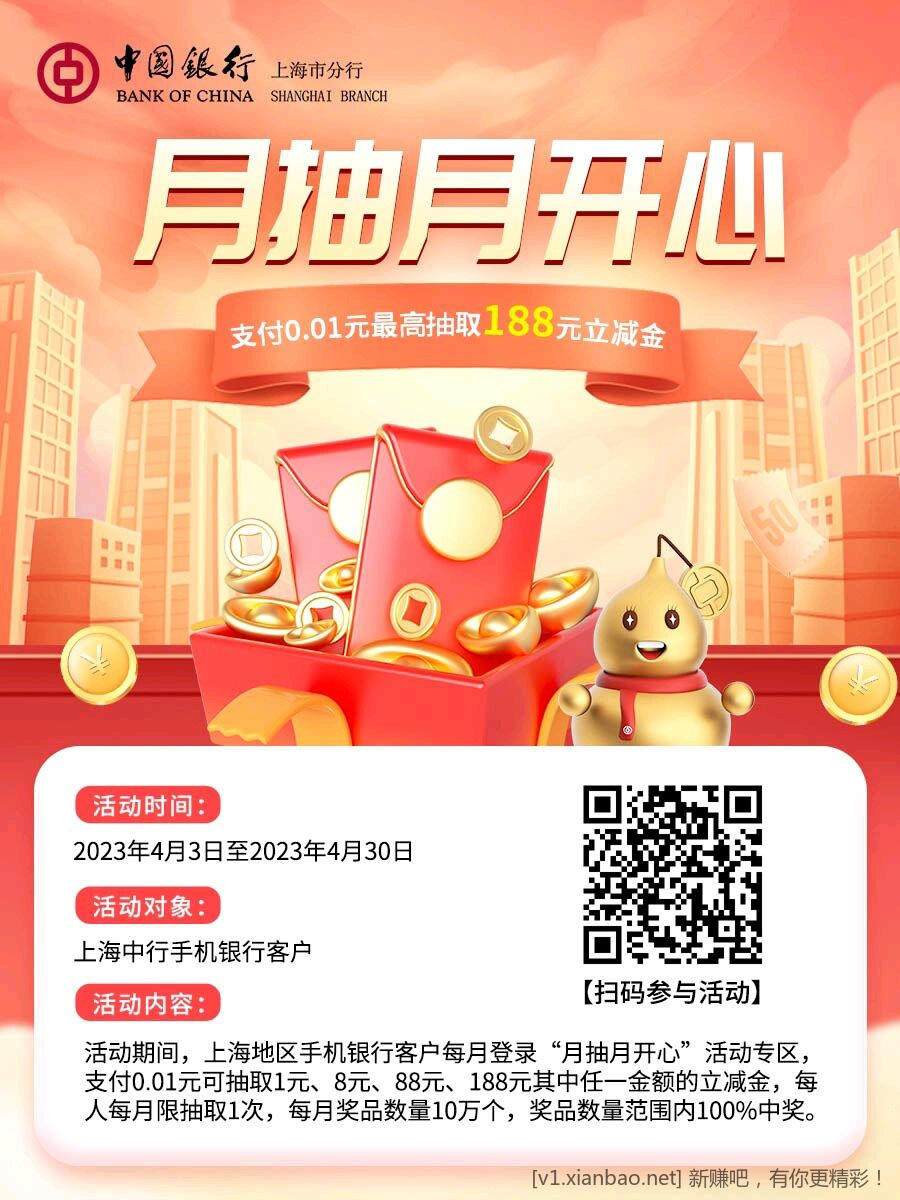 上海中行保底1元立减金-惠小助(52huixz.com)