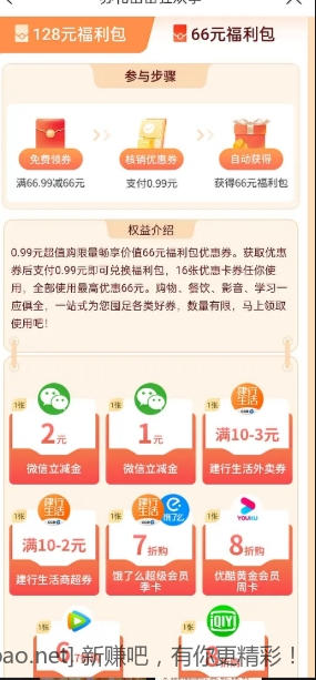 江苏（除苏州）建行生活0.99购66券券包-惠小助(52huixz.com)