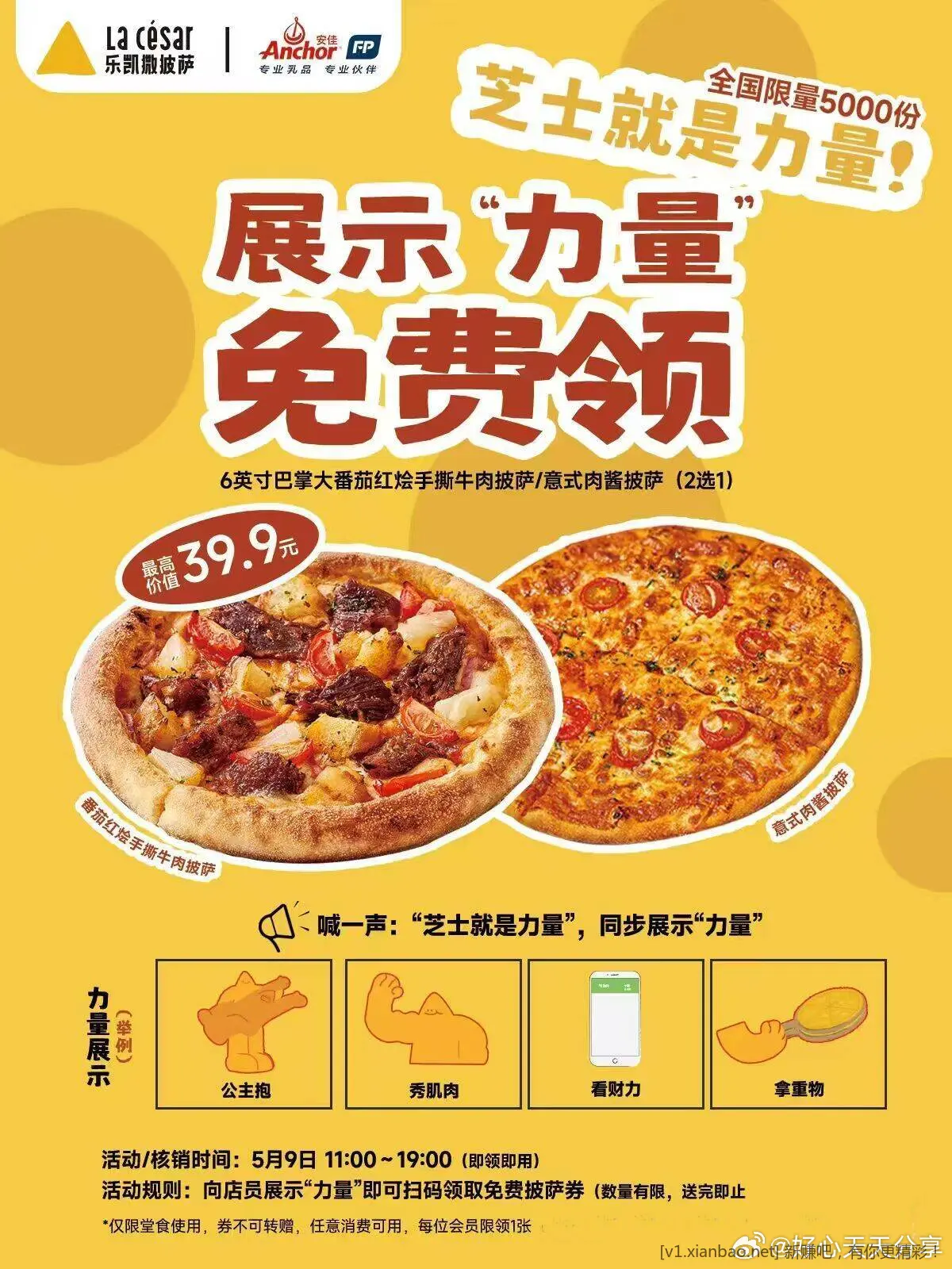 乐凯撒披萨 在5月9日11点~19点 到店展示力量 可以领共5000份披萨 需任意消费随单 - 线报酷