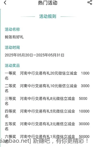 河南中行1-20微信立减金 - 线报Push