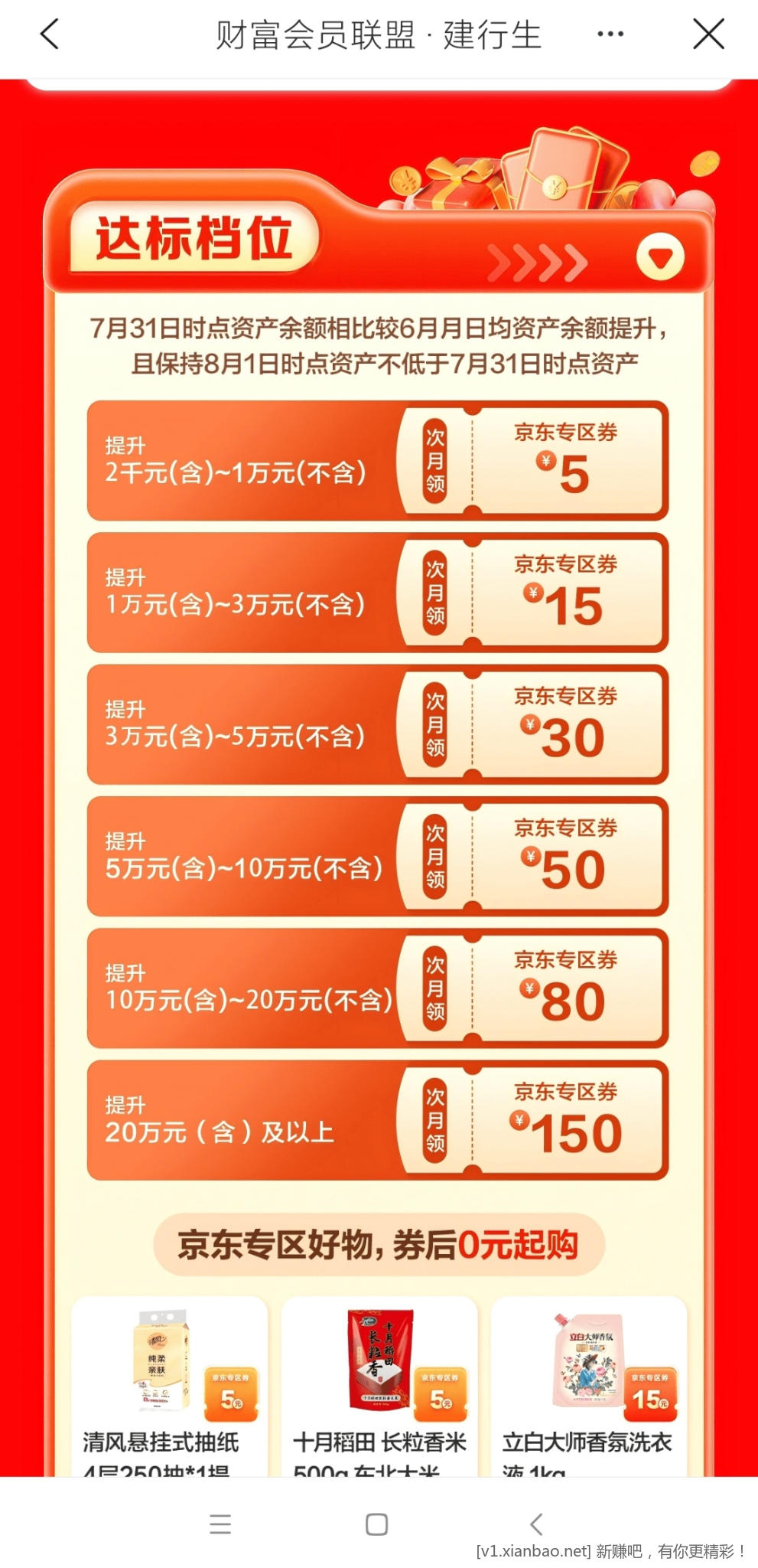 速度速度月末建行借记卡7月31日跨月，奖励150京东E卡（20w档） - 线报酷