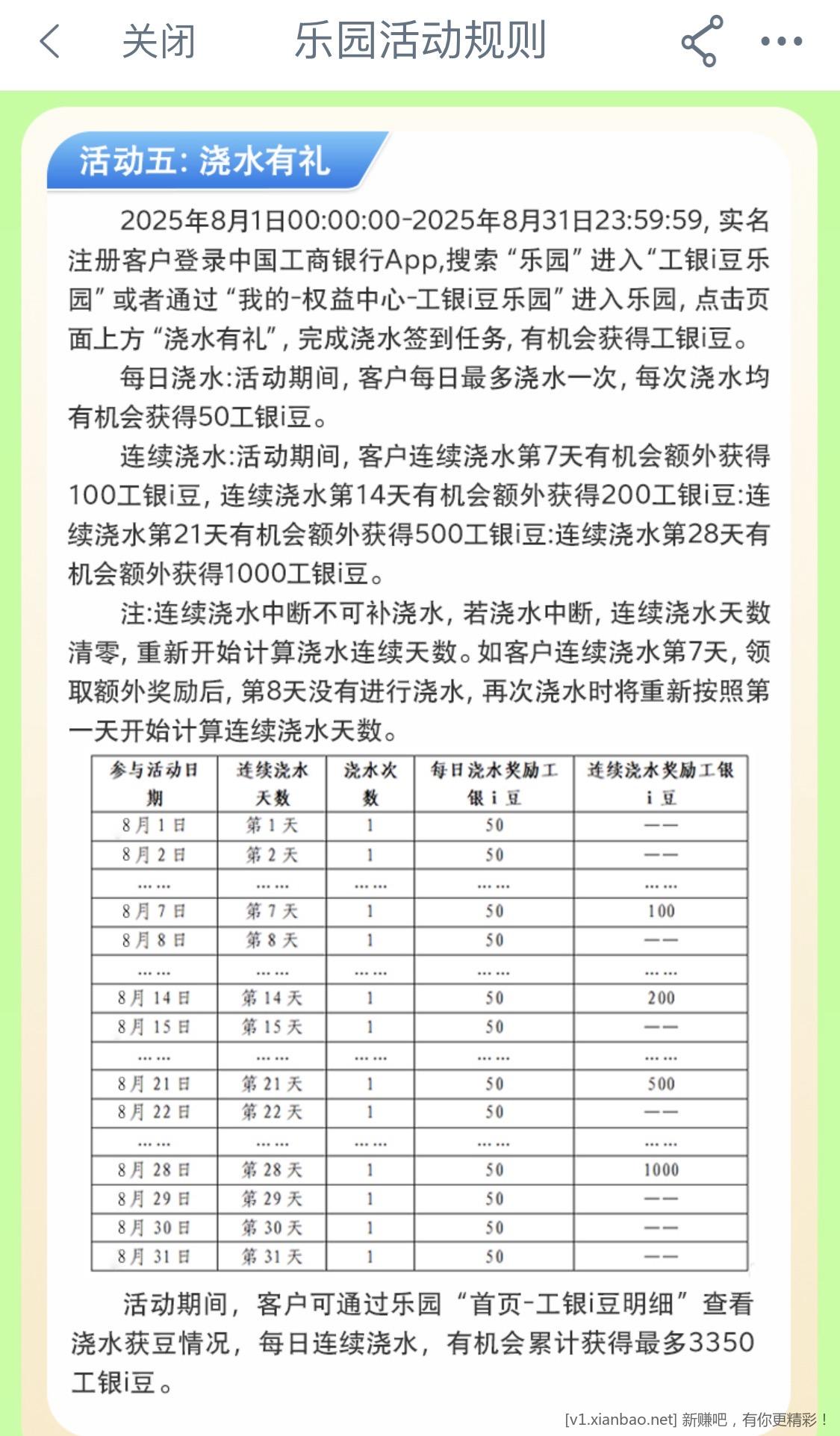 工行连续浇水领3350i豆 - 线报酷