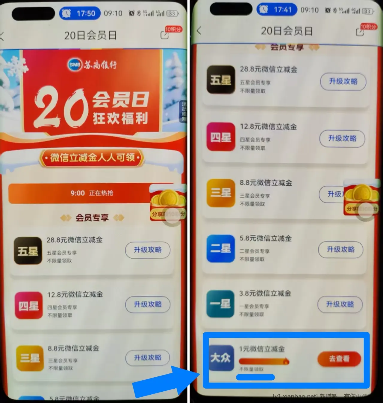 苏商银行1元立减金，二类户也可领，会员等级高的可领更多 - 线报酷