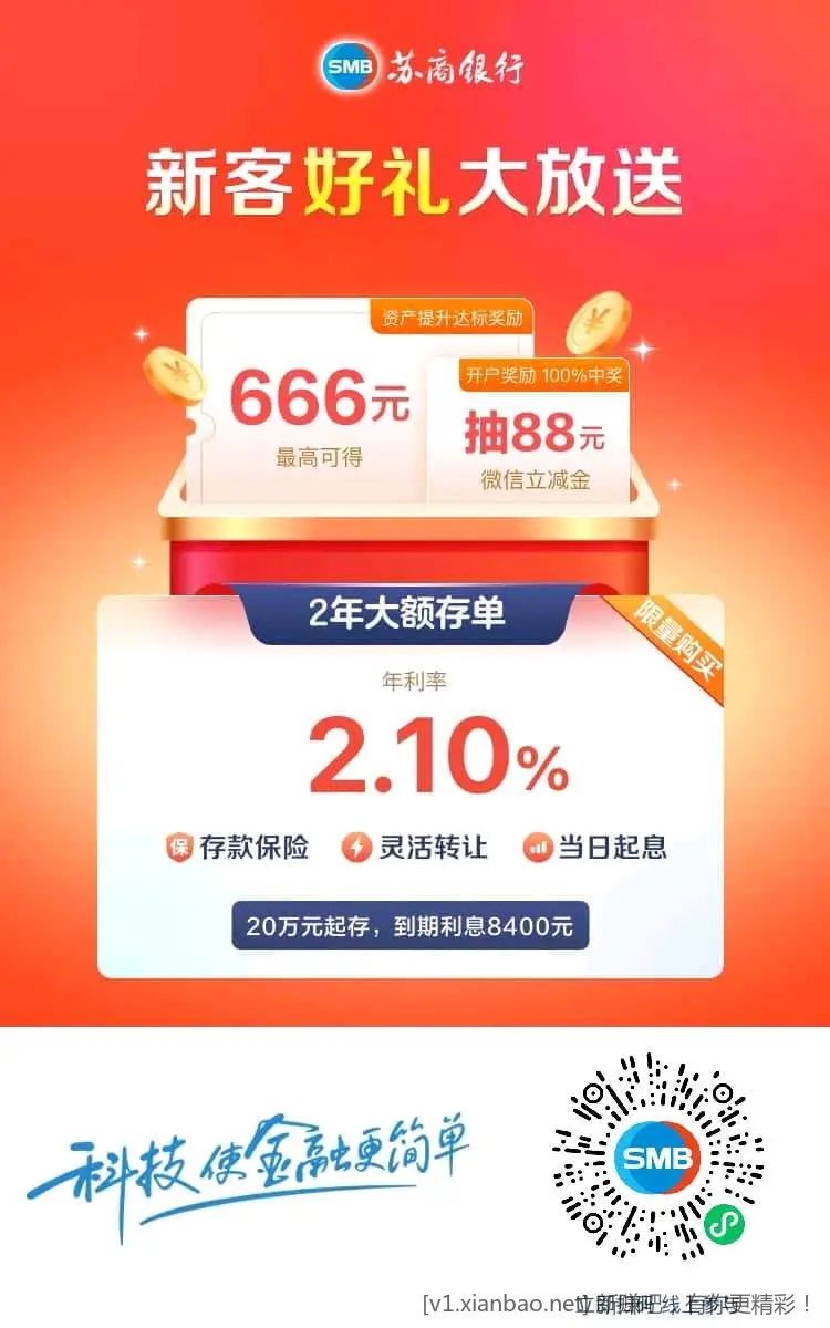 苏商银行1元立减金，二类户也可领，会员等级高的可领更多 - 线报酷