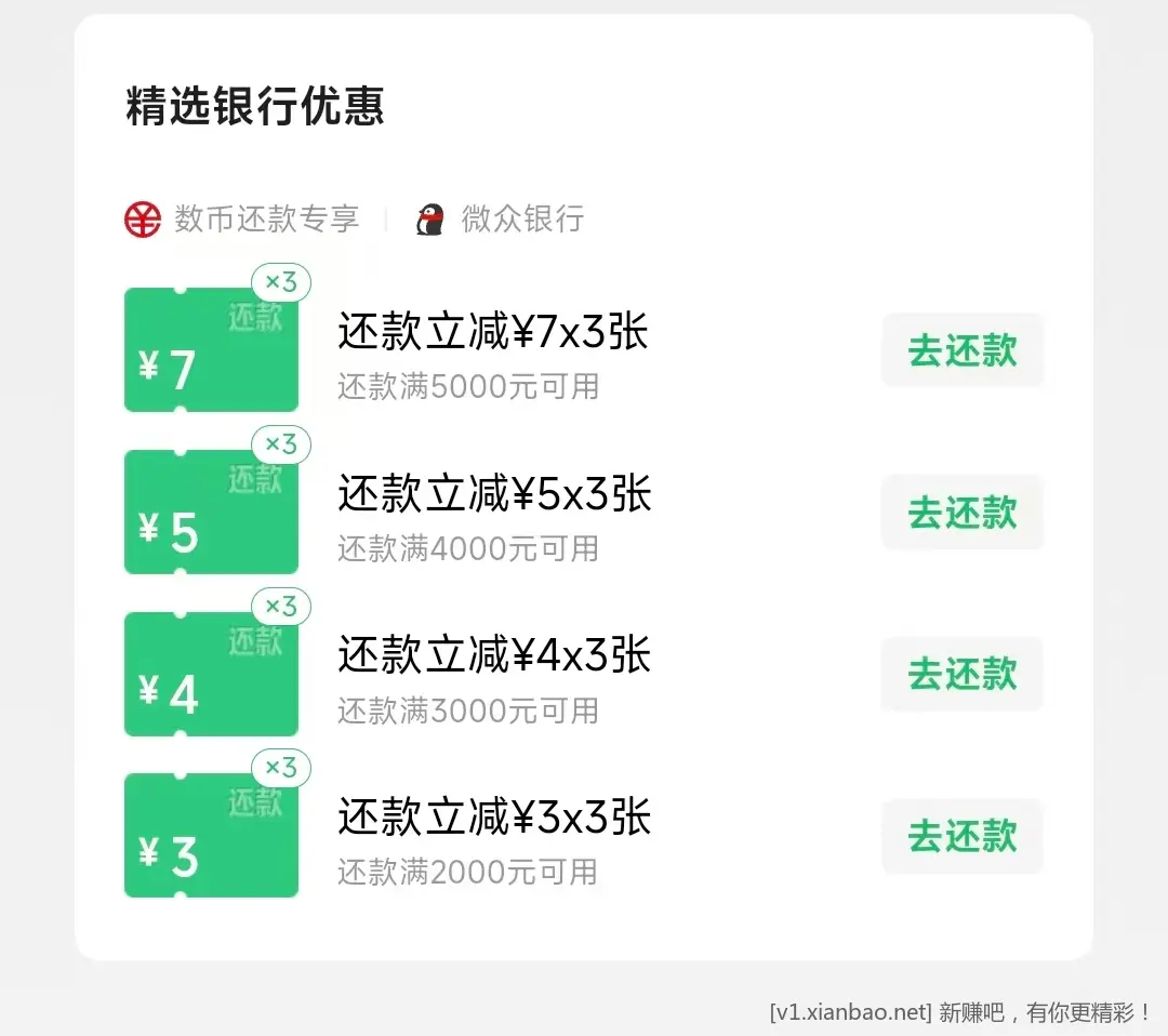 微信微众银行数币还款59元优惠 - 线报酷